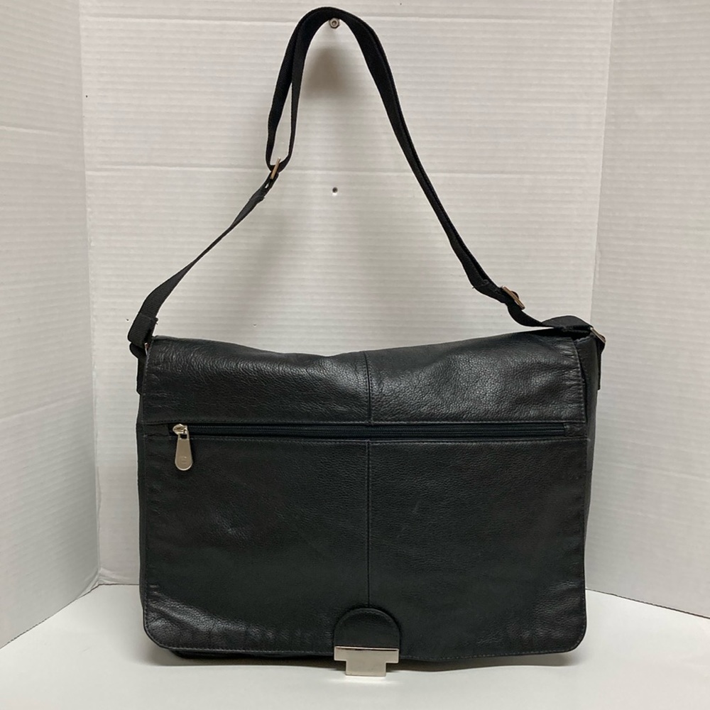 PERRY ELLIS POLFOLIO Black Leather Briefcase Messenger Bag UNISEX